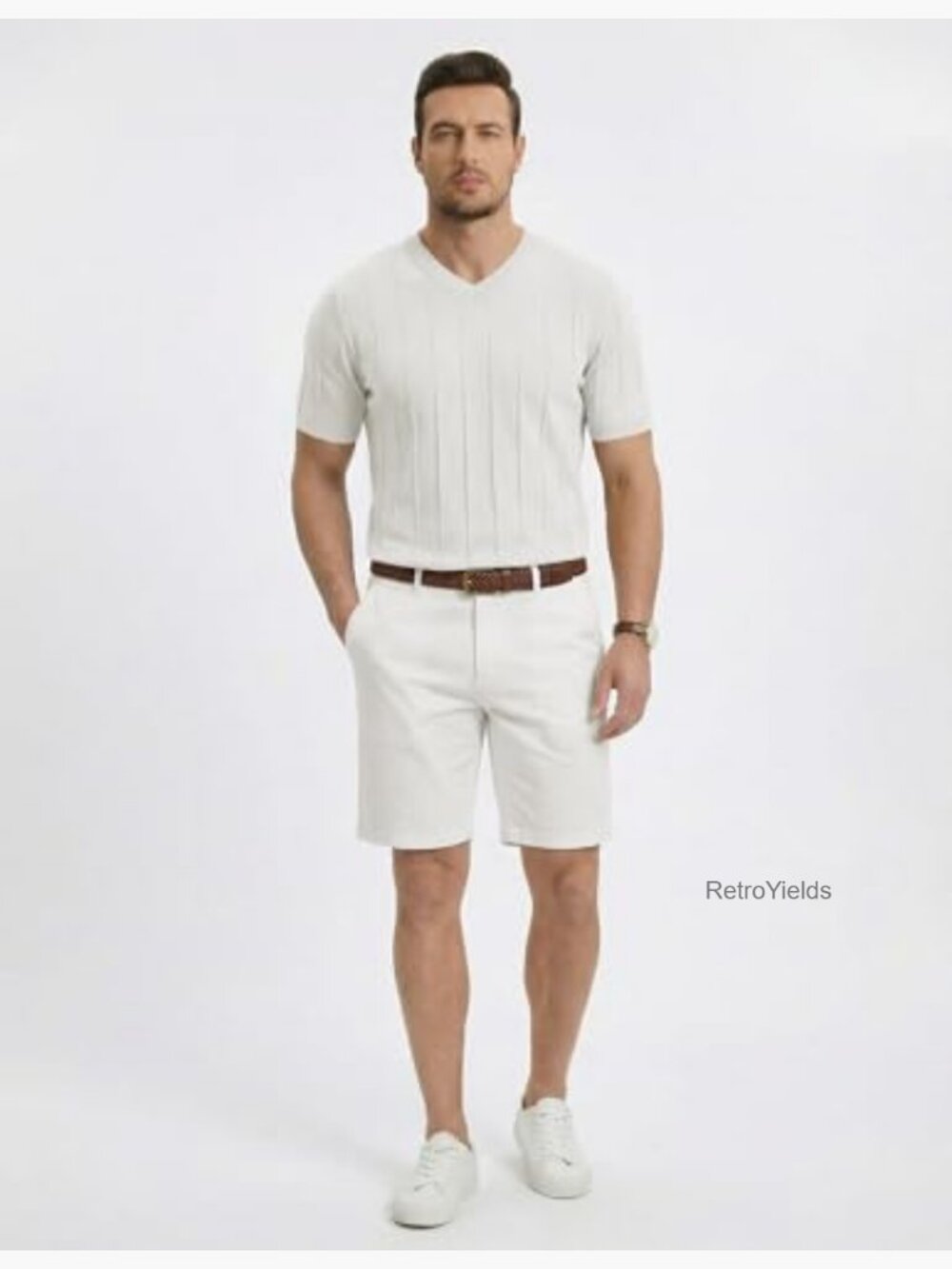Mens V Neck Knit Shirt Short Sleeve Ribbed Pullover Casual T Shirt - Picture 6 of 7
